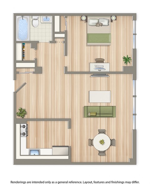 Floor plan for 1 bed, 1 bath, 734 sqft